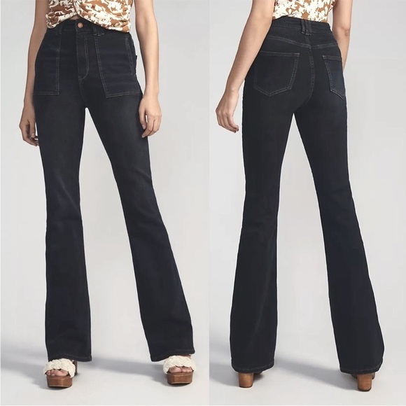Anthropologie Pilcro The Icon Dark Wash High Rise Flare Jeans Patch Pocket 28 - Picture 2 of 15